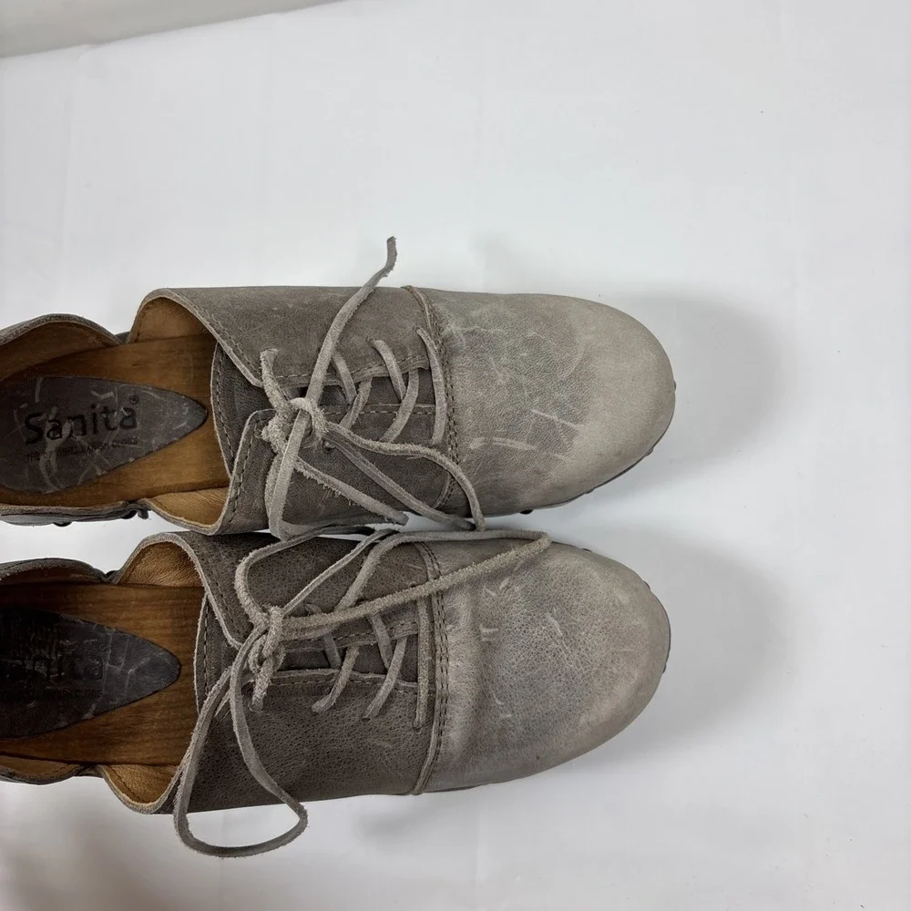 Sanita Womens Theodora Gray Leather Lace Up Studded Distressed Shoes Sz 39 Retro